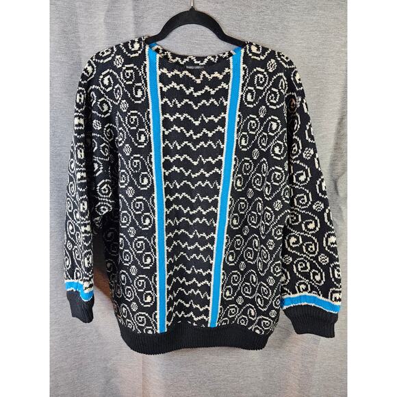 VTG Esprit Sport Sweater Women SM Retro Stripe Abstract Chunky Knit Black/Blue - Picture 1 of 11